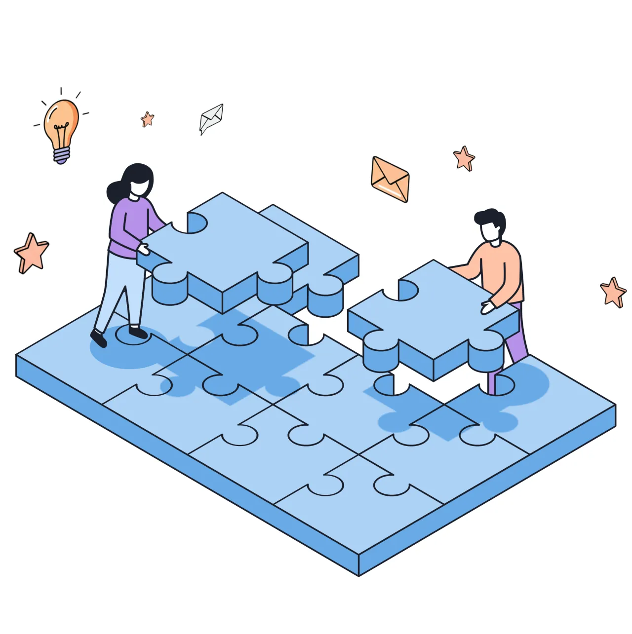 Two people fitting giant puzzle pieces together on a blue platform, with stars, a light bulb, and an envelope around them