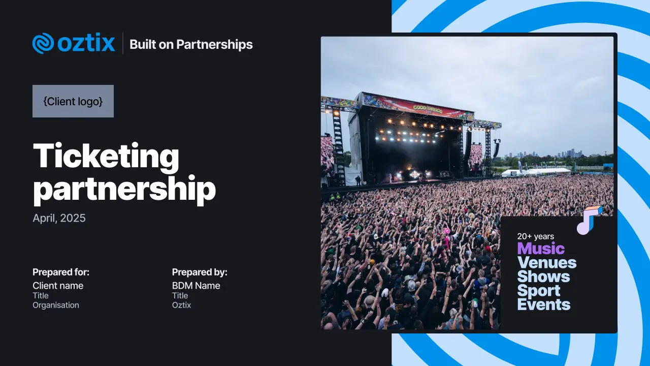 A presentation cover with the logo and tagline, a bold white heading on Blackout, and a festival photo framed by the blue pattern